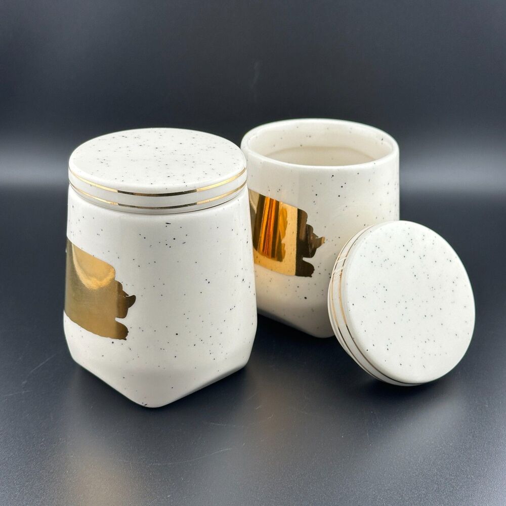 Two 2 Anthropologie Canisters w Lids White Black Speckled Gold Porcelain 3.75" H